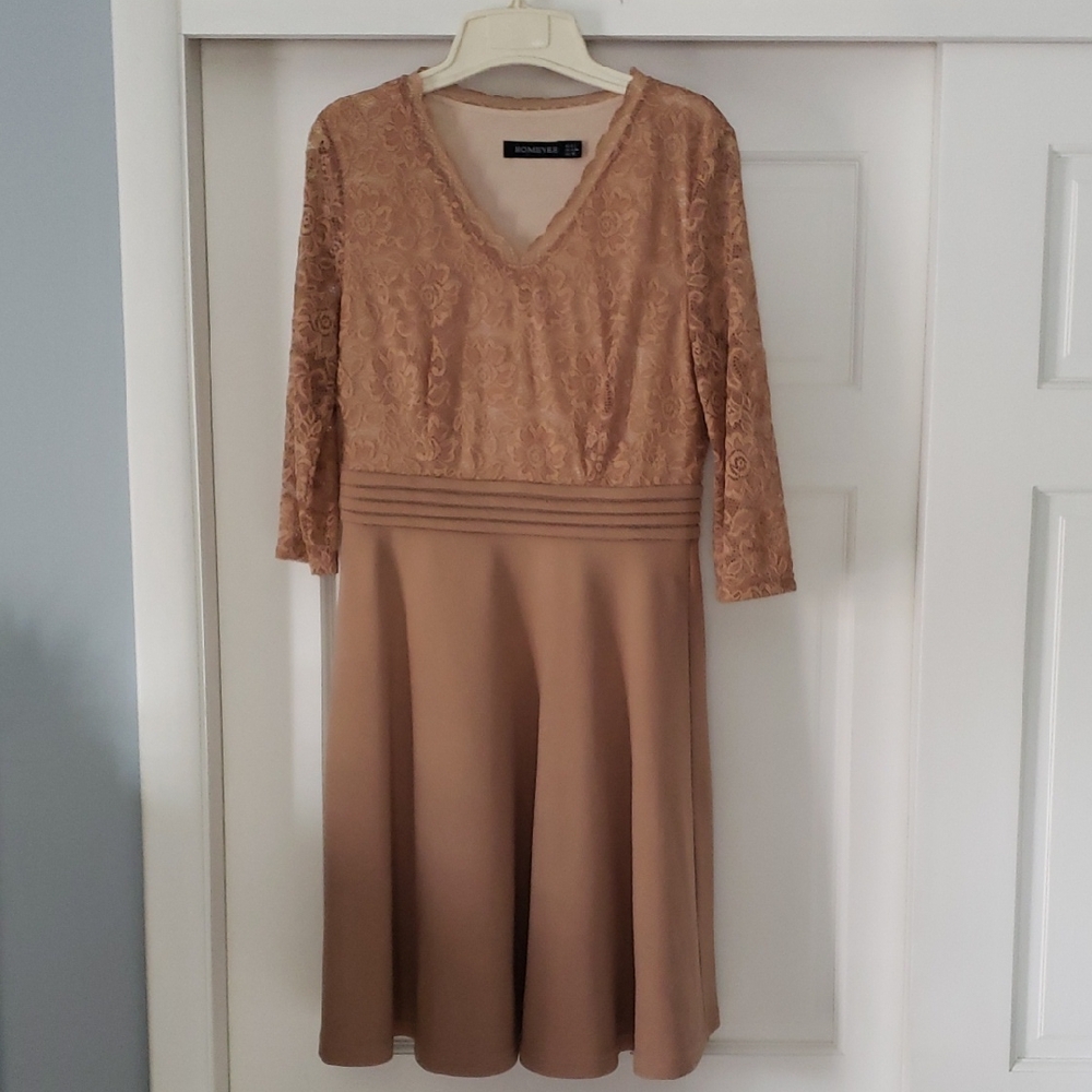 Elegant Tan Lace V-Neck Dress